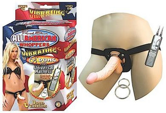 All American 6 1/2 inch Dong Vibrator W/ Strap-On Harness Flesh Adult Toy