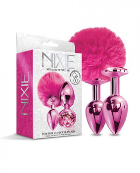 Nixie Metal Butt Plug Set Pom And Jewel-inlaid Metallic Pink