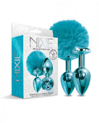 Nixie Metal Butt Plug Set Pom And Jewel-inlaid Metallic Blue