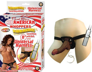 Real Skin Afro American Whoppers Vibrating 8 Inch Dong With Harness - Brown by NassToys