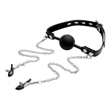 Silicone Ball Gag with Nipple Clamps by Strict
