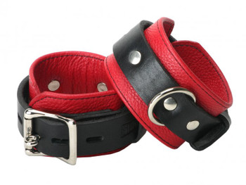 Strict Leather Deluxe Black and Red Locking Wrist Cuffs Adult Toy