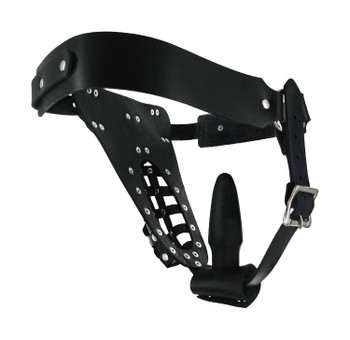 The Safety Net Leather Male Chastity Belt with Anal Plug Harness Men Sex Toys