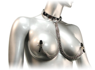 Chrome Slave Collar with Nipple Clamps - Medium/Large Adult Toy