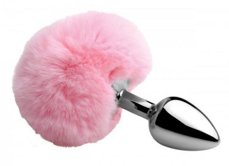 Fluffy Bunny Tail Anal Metal Butt Plug Pink Adult Sex Toy