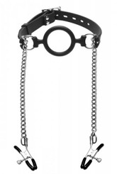 Mutiny Silicone O-Ring Gag With Nipple Clamps Black Adult Toy