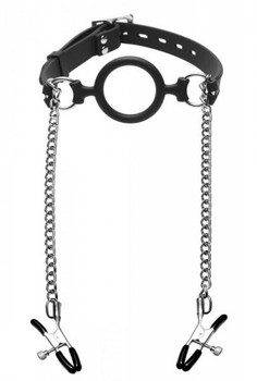 Mutiny Silicone O-Ring Gag With Nipple Clamps Black Adult Toy