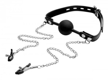Strict Silicone Ball Gag with Nipple Clamps Black by XR Brands