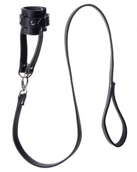 Testicle Stretcher With Leash Black Leather by XR Brands