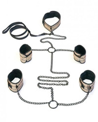 The Faux Leather Collar, Wrist, Ankle Restraints & Leash Bondage Kit Gold Sex Toy For Sale