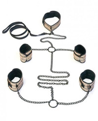 Faux Leather Collar, Wrist, Ankle Restraints & Leash Bondage Kit Gold Best Adult Toys