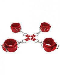 Ouch Leather Hand and Leg Cuffs Red by Shots Toys
