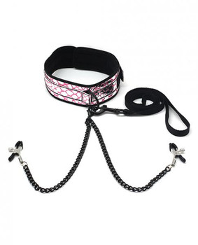 Spartacus Faux Leather Collar, Leash Black Nipple Clamps Pink Adult Toy