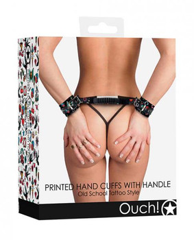 Shots Ouch Old School Tattoo Style Printed Handcuffs W/handle - Black Sex Toy