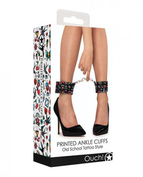 Shots Ouch Old School Tattoo Style Printed Ankle Cuffs- Black Sex Toys