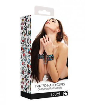 Shots Ouch Old School Tattoo Style Printed Hand Cuffs- Black Sex Toy