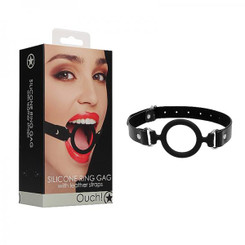 Ouch! Silicone Ring Gag With Leather Straps - Black Adult Toy