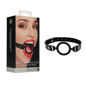 Ouch! Silicone Ring Gag With Leather Straps - Black Adult Toy