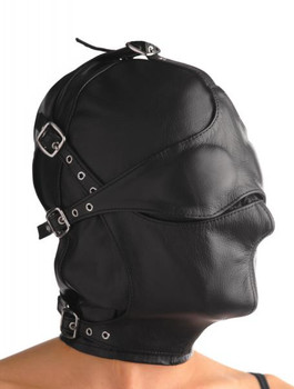 Asylum Leather Hood With Removable Blindfold And Muzzle- M/L Best Adult Toys