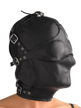 Asylum Leather Hood With Removable Blindfold And Muzzle M/L by XR Brands