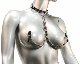 Chrome Slave Collar With Nipple Clamps S/M