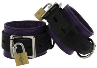 Strict Leather Purple Black Deluxe Locking Wrist Cuffs Best Sex Toy
