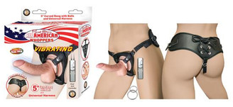 All American Whoppers 5 inches Vibrating Curved Dong, Balls Beige & Universal Harness