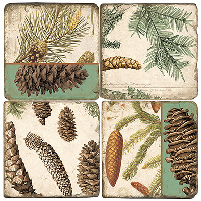 Pinecone Botanical Coaster Set.  Handmade Marble Giftware by Studio Vertu.