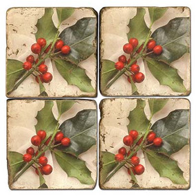 Holly branch coaster set. Handcrafted Marble Giftware by Studio Vertu.