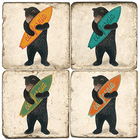 California Surfer Bear Coaster Set.  Tumbled Italian Marble Giftware by Studio Vertu.