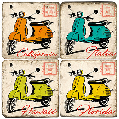 Colorful Vespa Coaster Set. Handcrafted Marble Giftware by Studio Vertu.