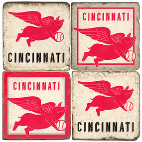 Cincinnati Baseball Themed Coaster Set.  Handcrafted Marble Giftware by Studio Vertu.