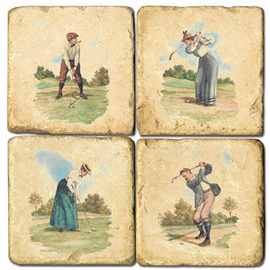 Vintage Illustrated Golf Coaster Set. Handmade Marble Giftware by Studio Vertu.