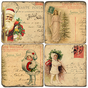 Vintage Christmas Illustrations Coaster Set. Handcrafted Marble Giftware by Studio Vertu.
