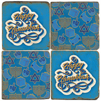 Hanukkah Themed Coaster Set.  Tumbled Italian Marble Giftware by Studio Vertu.