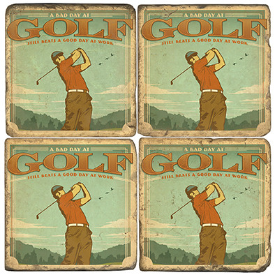 Vintage Illustrated Golf Coaster Set. Handmade Marble Giftware by Studio Vertu.