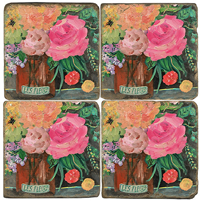 Floral Amber Coaster Set. License artwork by Mindy Carpenter. Handmade Marble Giftware by Studio Vertu.