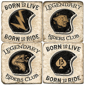 Motorcycle Helmets Coaster Set. Genuine Once Blind Studio licensed images. Handcrafted Marble Giftware by Studio Vertu.