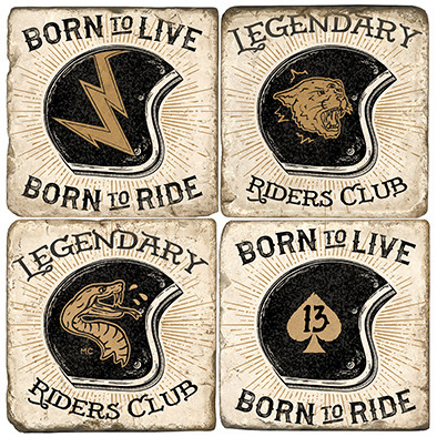 Motorcycle Helmets Coaster Set. Genuine Once Blind Studio licensed images. Handcrafted Marble Giftware by Studio Vertu.