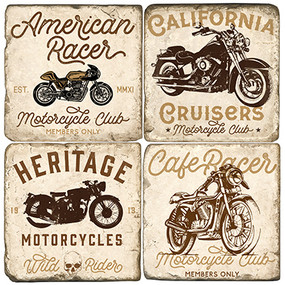 Motorcycle Coaster Set. Genuine Once Blind Studio licensed images. Handcrafted Marble Giftware by Studio Vertu.
