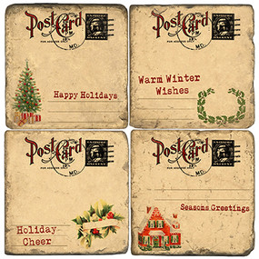 Vintage Christmas Illustrations Coaster Set. Handcrafted Marble Giftware by Studio Vertu.