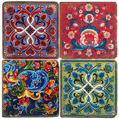 Rosemaling tile coaster set. Handcrafted Marble Giftware by Studio Vertu.
