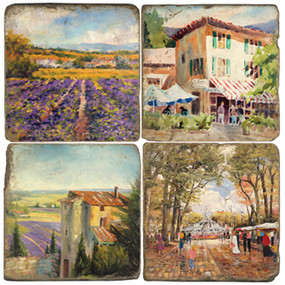 Vintage French Village Coaster Set. Handcrafted Marble Giftware by Studio Vertu.