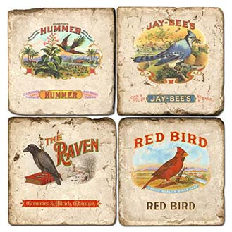 Bird Themed Cigar Labels Coaster Set. Handcrafted Marble Giftware by Studio Vertu.