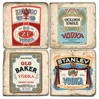 Vintage Vodka Label Coaster Set. Handmade Marble Giftware by Studio Vertu.