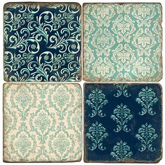 Blue Damask Pattern Coaster Set