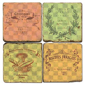 Vintage French Label Coaster Set. Handcrafted Marble Giftware by Studio Vertu.