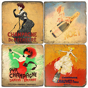 Vintage Champagne Label Coaster Set. Handcrafted Marble Giftware by Studio Vertu.
