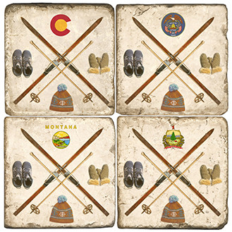 Ski Collage Coaster Set. Handcrafted Marble Giftware by Studio Vertu.