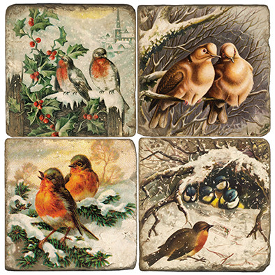 Winter Birds Coaster Set. Handcrafted Marble Giftware by Studio Vertu.